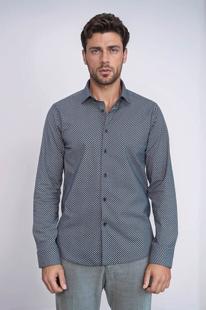 KOALA SYDNEY  Navy Blue Tiny Check Patterned Slim Fit Shirt -