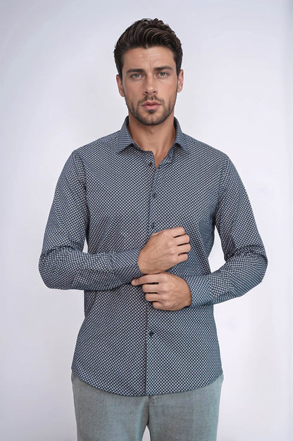 KOALA SYDNEY  Navy Blue Tiny Check Patterned Slim Fit Shirt -
