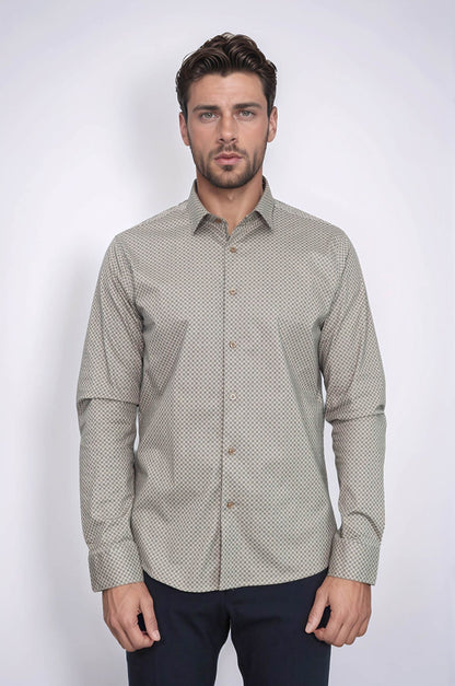Tiny Check Patterned Slim Fit Light Brown Men Shirt -