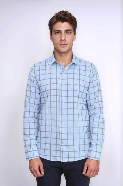 Plaid Slim Fit Blue Men Shirt -