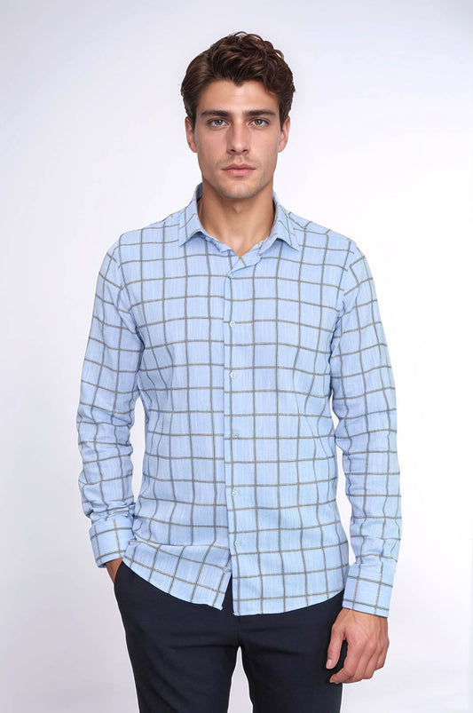Plaid Slim Fit Blue Men Shirt