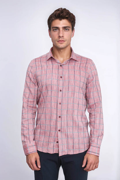 Plaid Slim Fit Burgundy Men Shirt