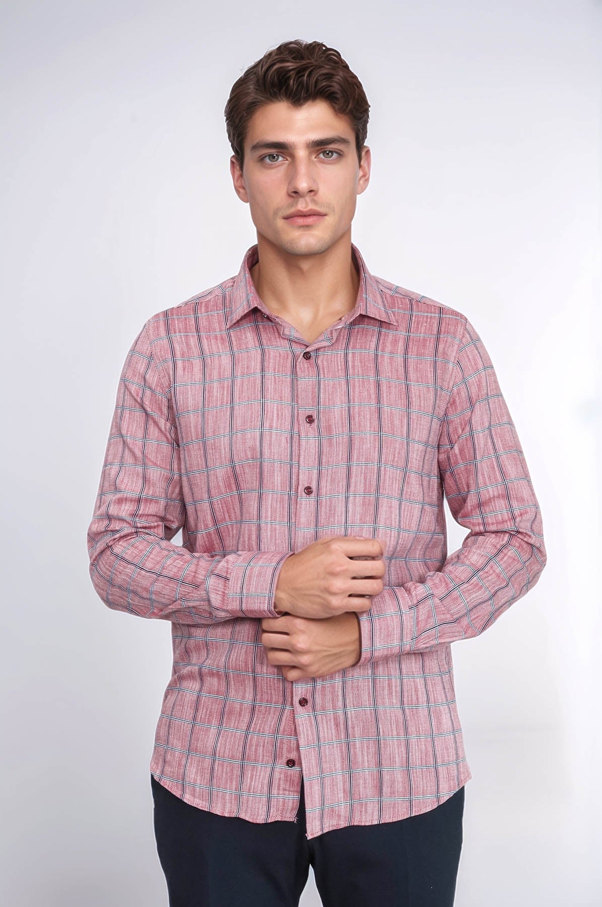 Plaid Slim Fit Burgundy Men Shirt