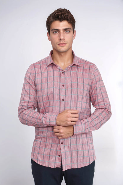 Plaid Slim Fit Burgundy Men Shirt
