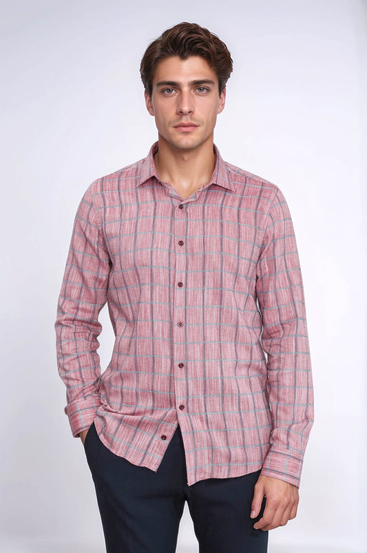 Plaid Slim Fit Burgundy Men Shirt