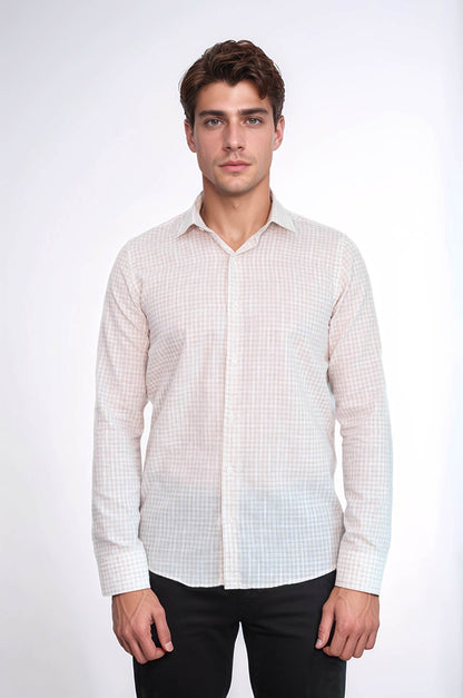 Plaid Slim Fit Light Brown Men Shirt