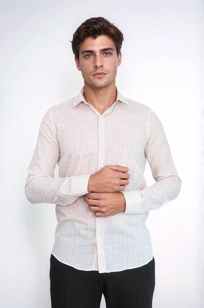 Plaid Slim Fit Light Brown Men Shirt