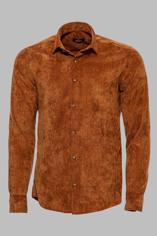 Brown Long Sleeves Velvet Men's Shirt -
