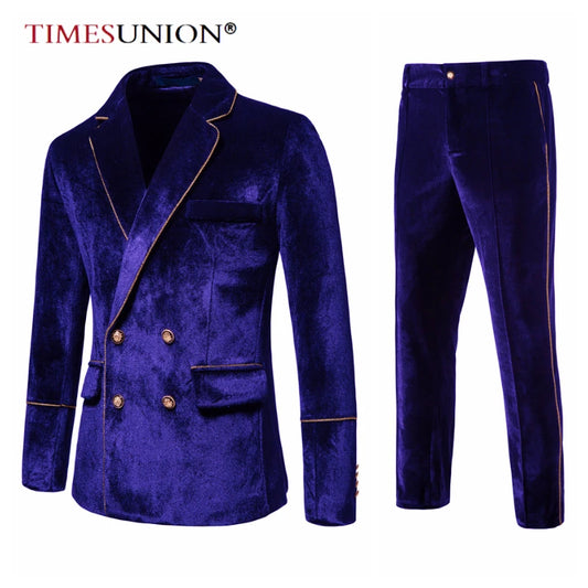 Luxury Velvet Gold-Edge Men's Suit – Slim Fit Double Breasted Set
