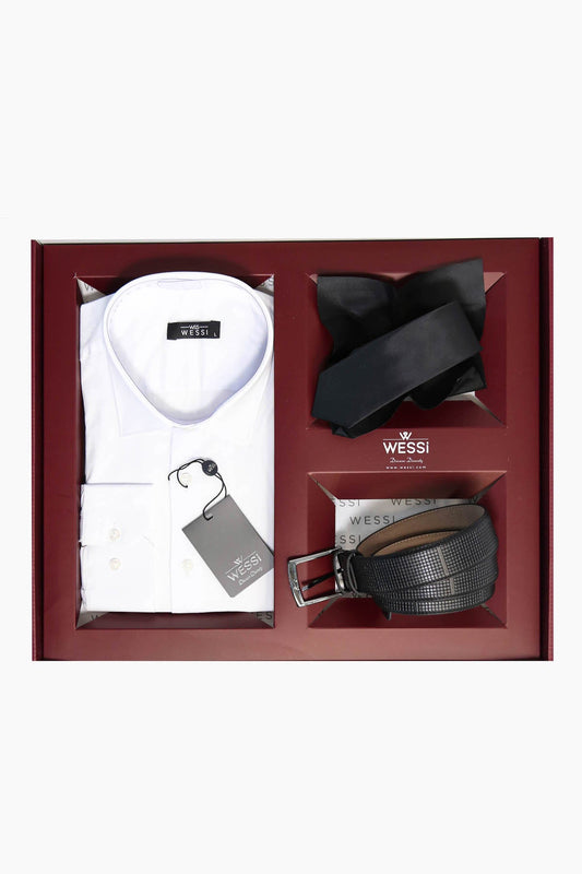 The Dapper Gift Box by Wessi – Includes White Shirt, Black Tie & Black Textured Belt