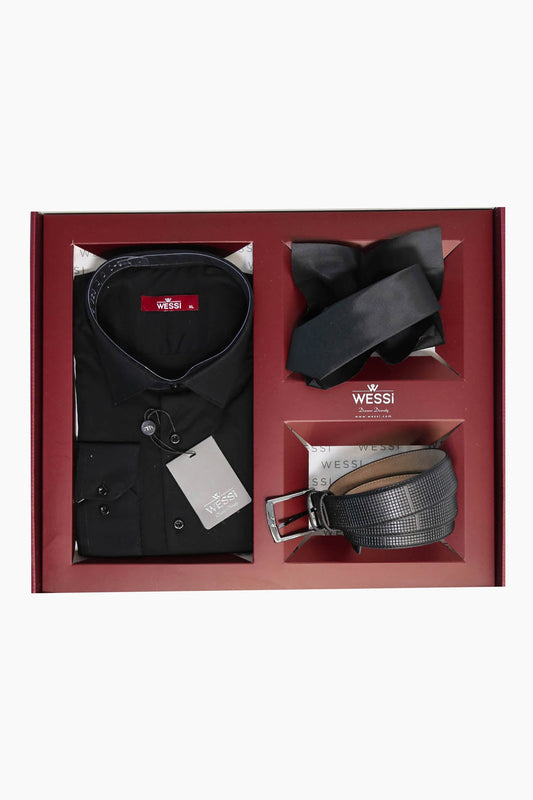 The Dapper Gift Box by Wessi – Includes Black Shirt, Black Tie & Black Textured Belt