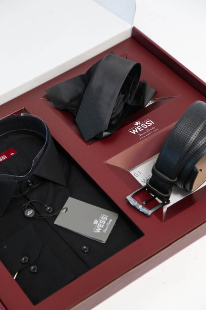 The Dapper Gift Box by Wessi – Includes Black Shirt, Black Tie & Black Textured Belt
