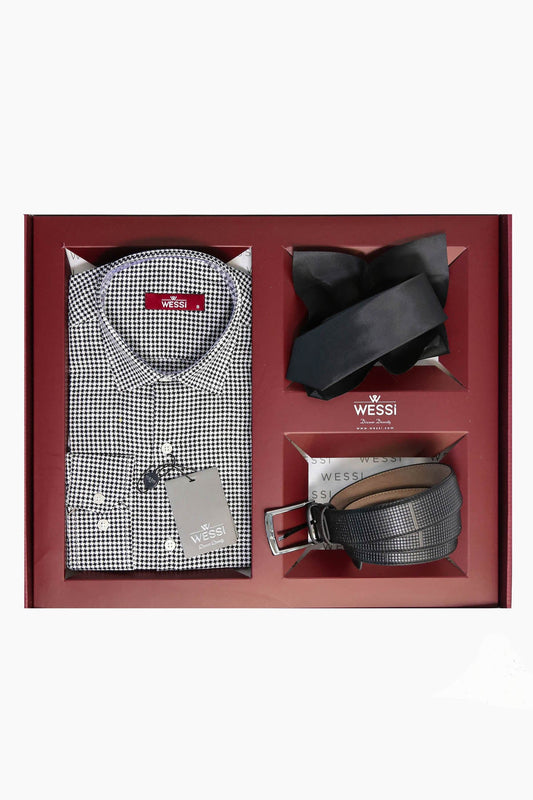 The Dapper Gift Box by Wessi – Includes Black Houndstooth Shirt, Black Tie & Black Belt
