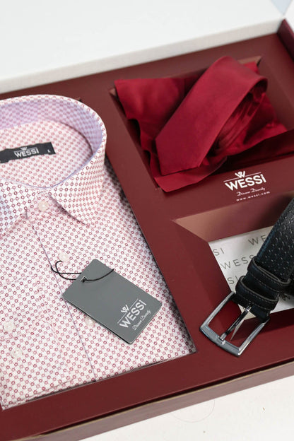The Dapper Gift Box by Wessi – Includes Light Pink Geometric Shirt, Burgundy Tie & Textured Black Belt