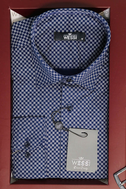 The Dapper Gift Box by Wessi – Includes Blue Tiny-Check Shirt, Burgundy Tie; Black Textured Belt