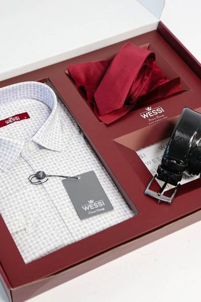 The Dapper Gift Box by Wessi – Includes Ecru Houndstooth Shirt, Burgundy Tie & Black Belt