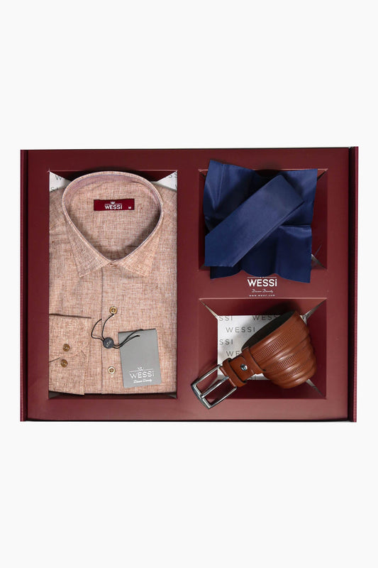 The Dapper Gift Box by Wessi – Includes Beige Textured Shirt, Navy Tie & Tan Belt