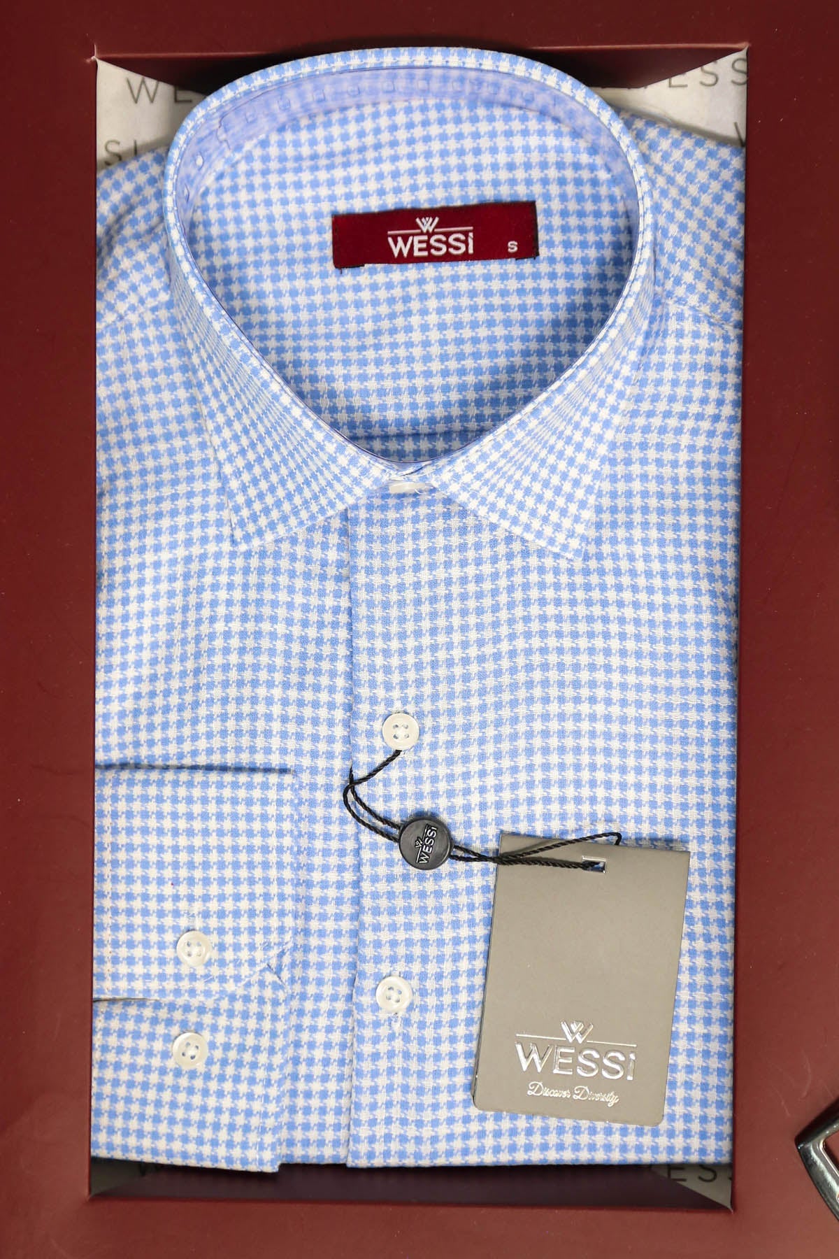 The Dapper Gift Box by Wessi – Includes Ice Blue Houndstooth Shirt, Navy Tie & Tan Belt