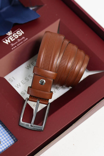 The Dapper Gift Box by Wessi – Includes Ice Blue Houndstooth Shirt, Navy Tie & Tan Belt