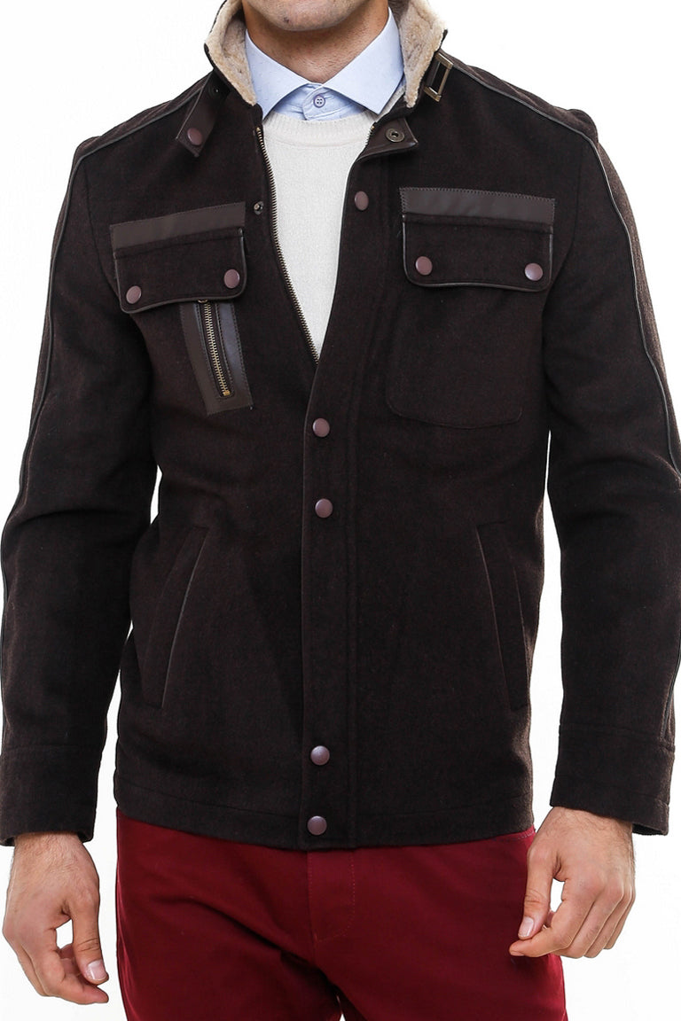 Fur Collar 4 Pockets Brown Men Coat