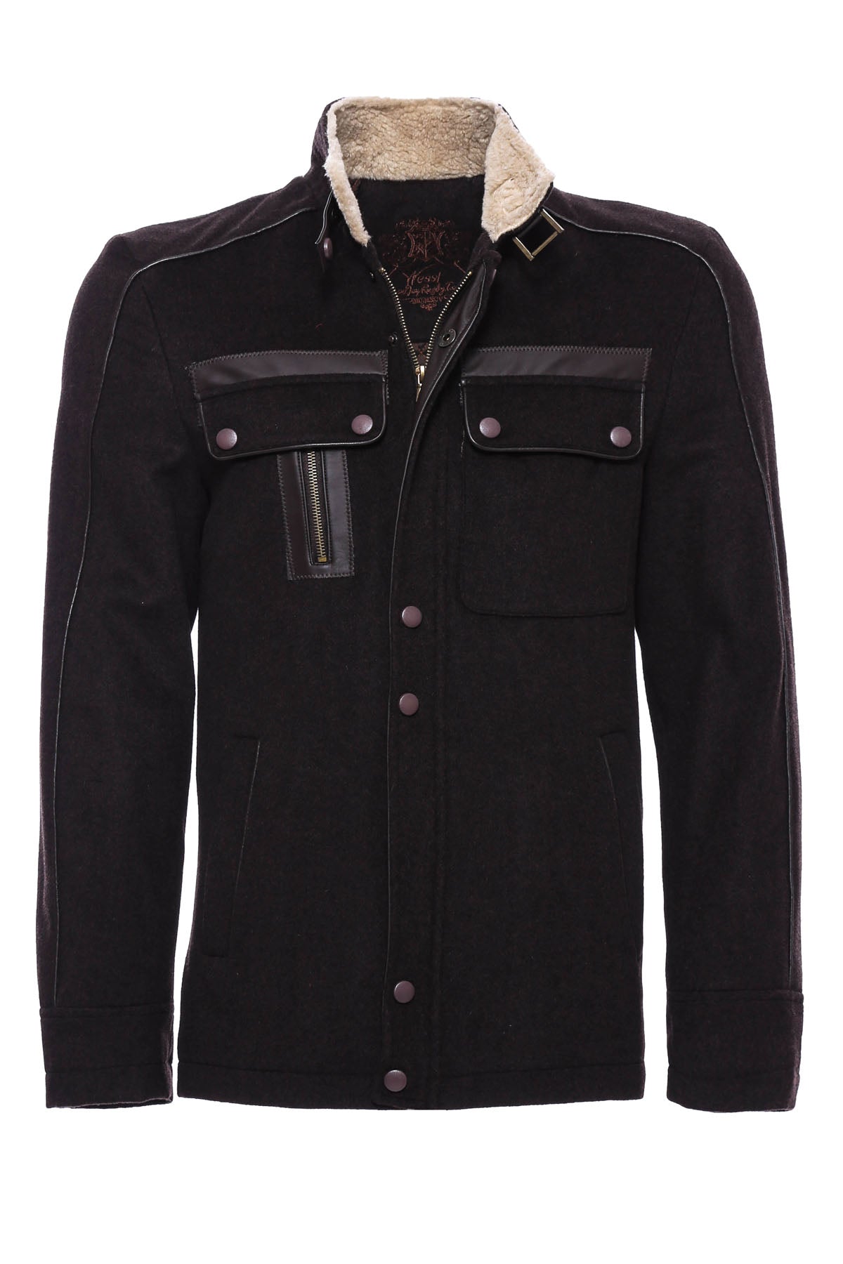 Fur Collar 4 Pockets Brown Men Coat