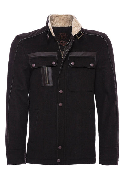 Fur Collar 4 Pockets Brown Men Coat