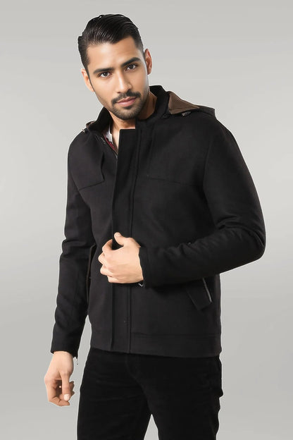 Zippered Sleeve Hooded Black Men Coat