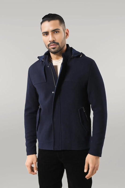 Zippered Sleeve Hooded Blue Men Coat