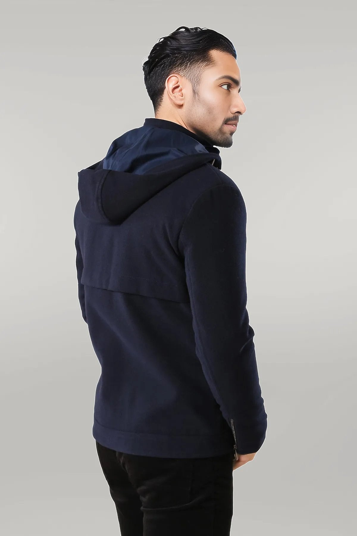 Zippered Sleeve Hooded Blue Men Coat