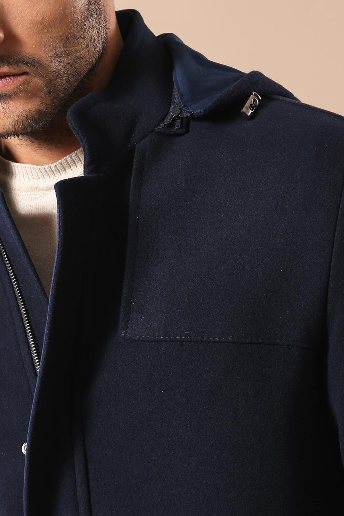 Zippered Sleeve Hooded Blue Men Coat