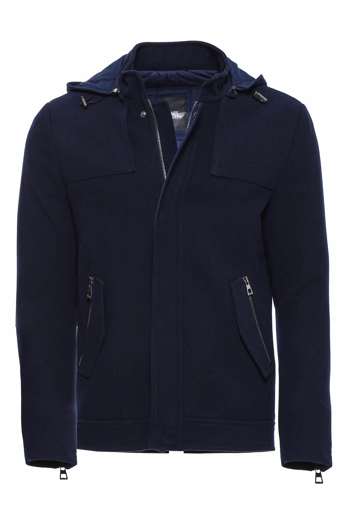 Zippered Sleeve Hooded Blue Men Coat