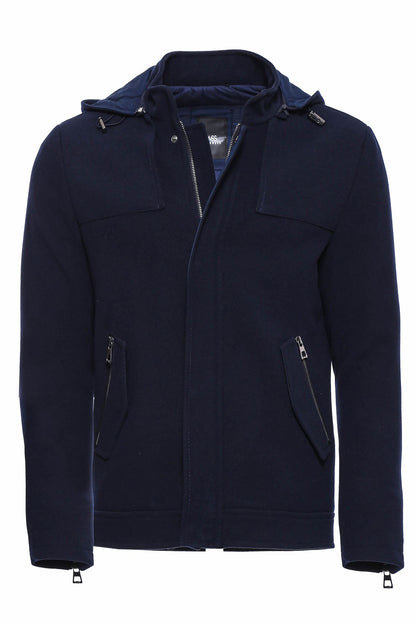 Zippered Sleeve Hooded Blue Men Coat