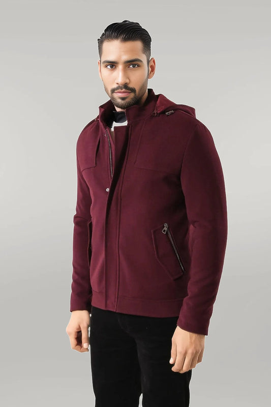 Zippered Sleeve Hooded Burgundy Coat - Wessi