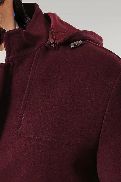 Zippered Sleeve Hooded Burgundy Coat - Wessi