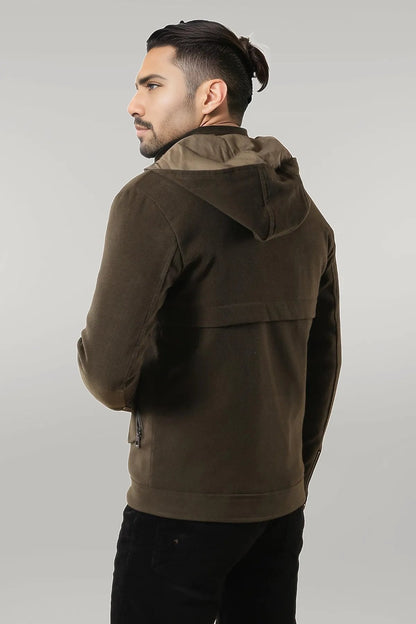 Zippered Sleeve Hooded Green Coat