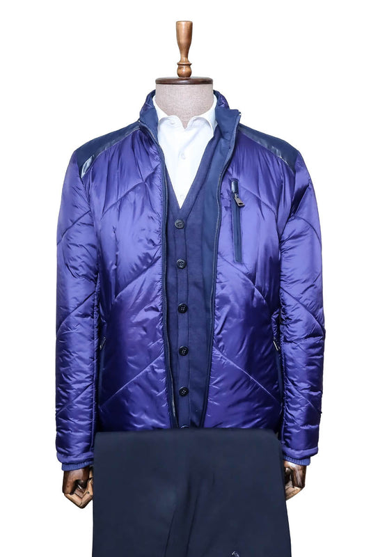 Navy Blue Quilted Jacket, Navy Trousers, White Shirt, and Knit Cardigan Ensemble - Modern Winter Style - Wessi