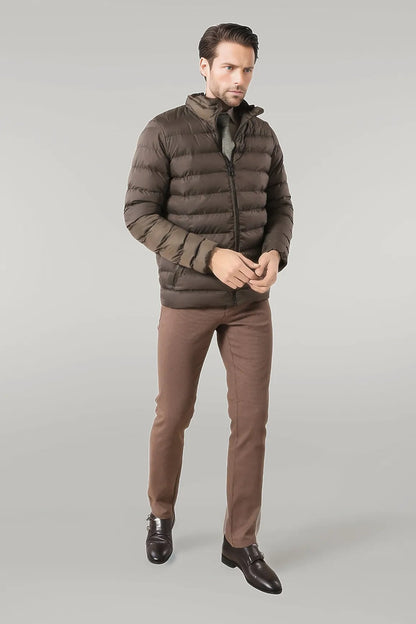 Quilted Standing Collar 2 Pockets Short Khaki Men Down Coat