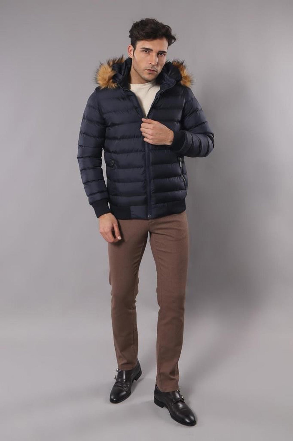 Navy Blue Hooded Men's Down Coat