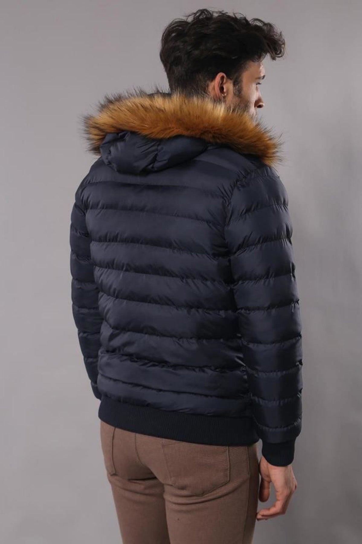 Navy Blue Hooded Men's Down Coat