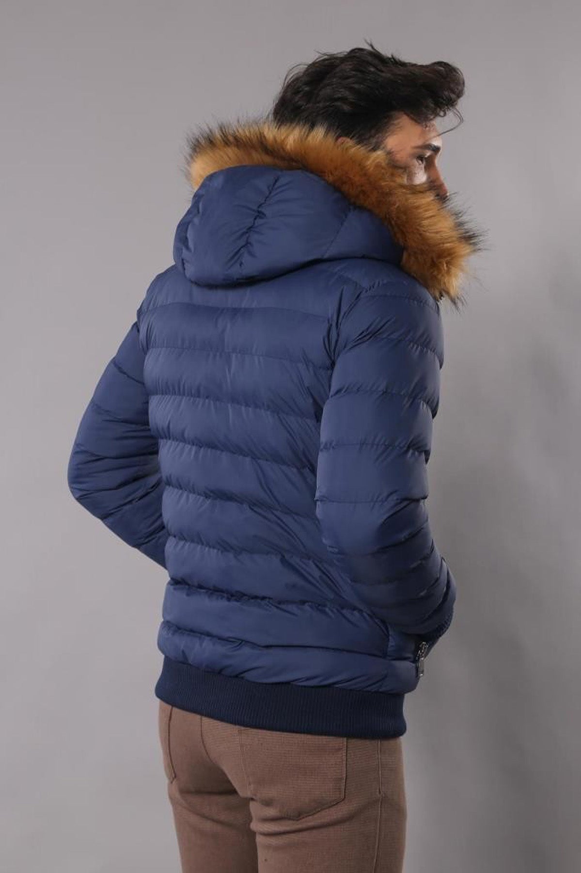 Navy Men's Puffer Coat with Fur