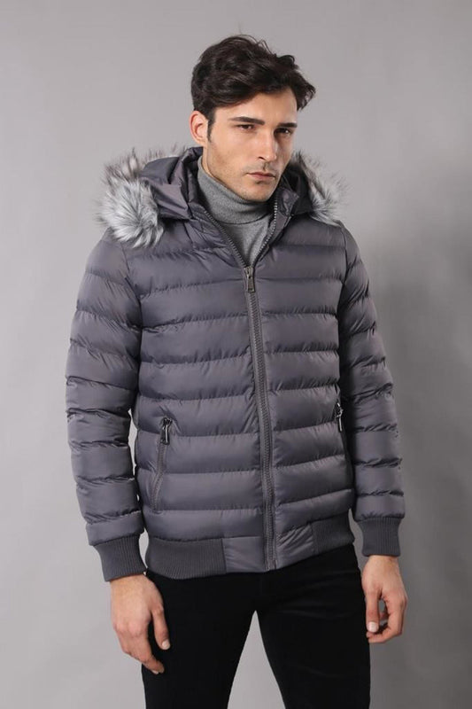 Grey Men's Puffer Coat with Fur