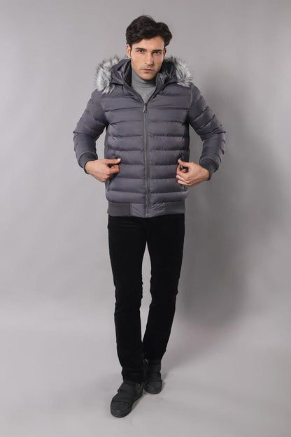 Grey Men's Puffer Coat with Fur