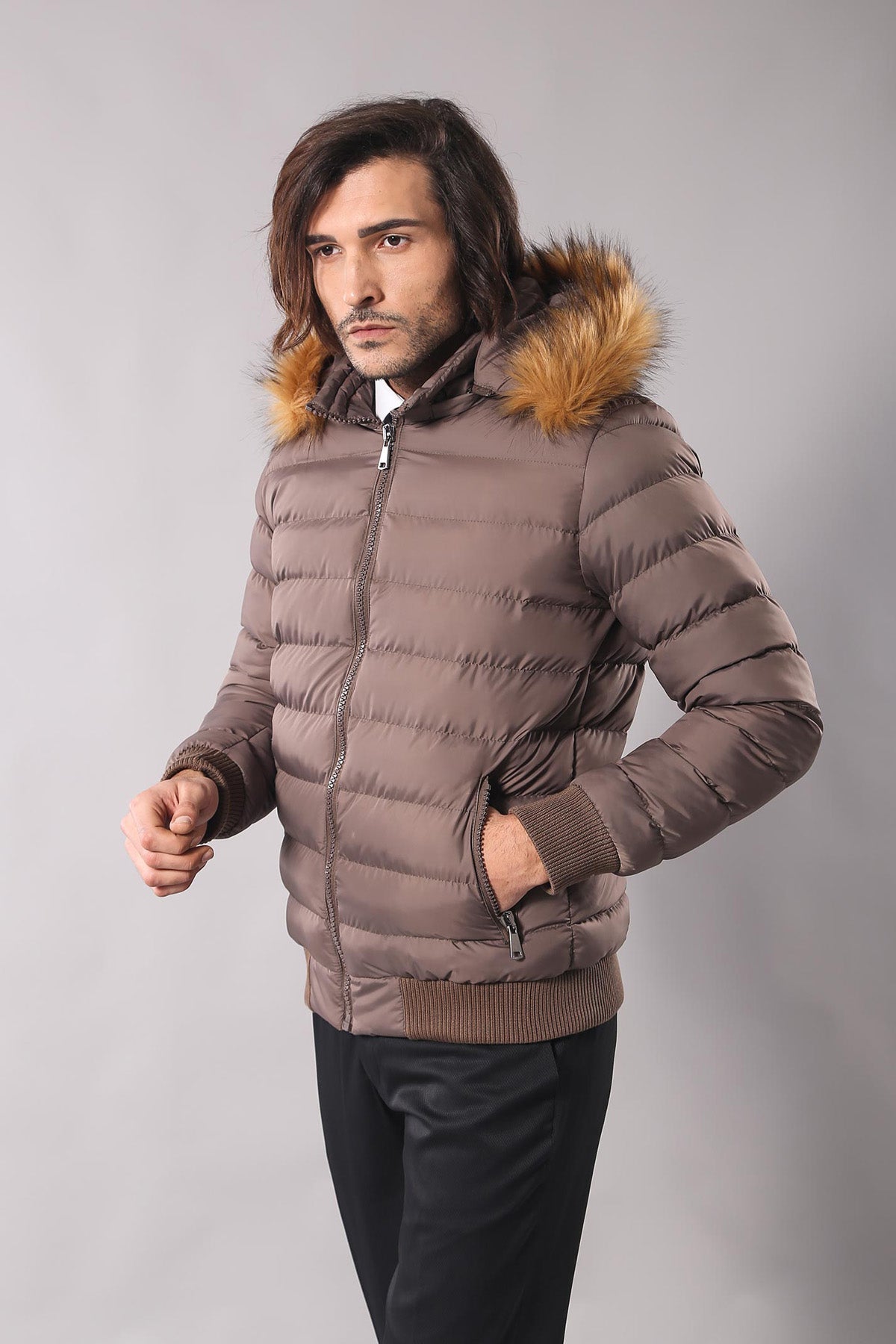 Men's Brown Down coat with Fur