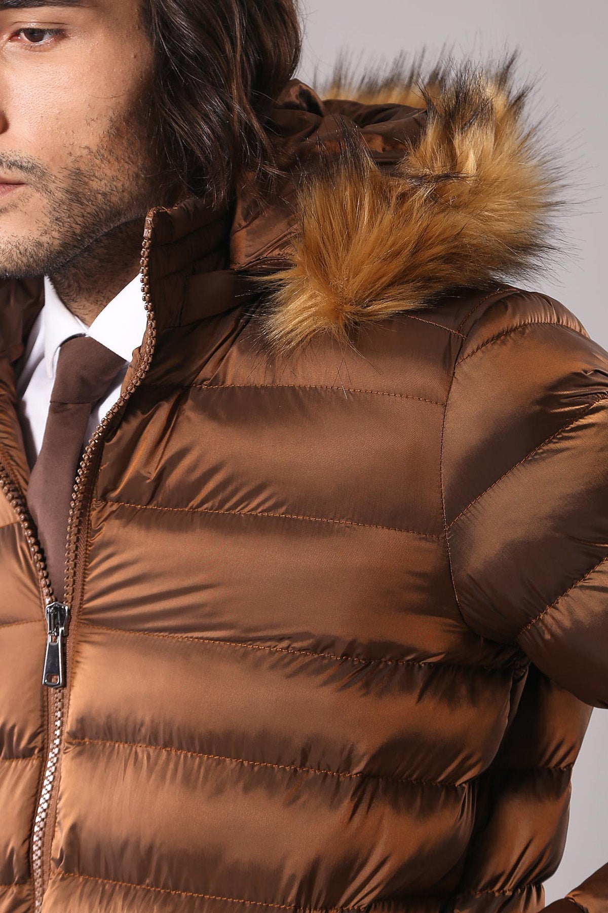 Fur Hooded Men's Puffer Coat in Tan