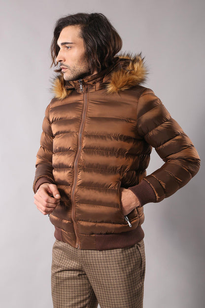Fur Hooded Men's Puffer Coat in Tan
