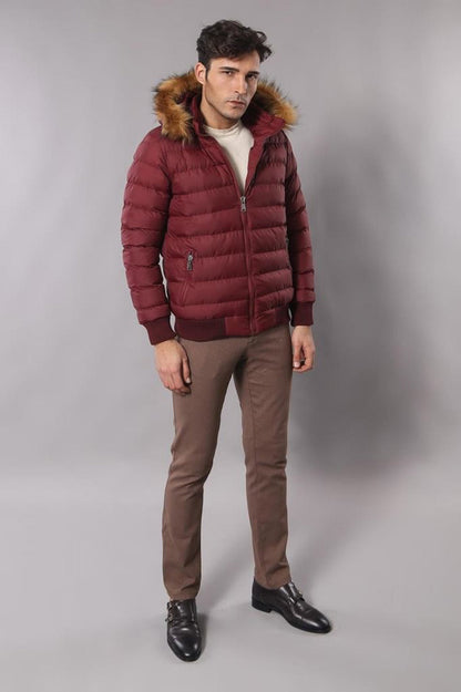 Fur Hooded Burgundy Men Down Coat