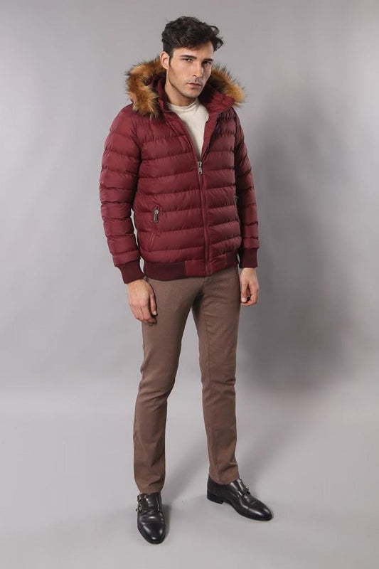 Fur Hooded Burgundy Men Down Coat
