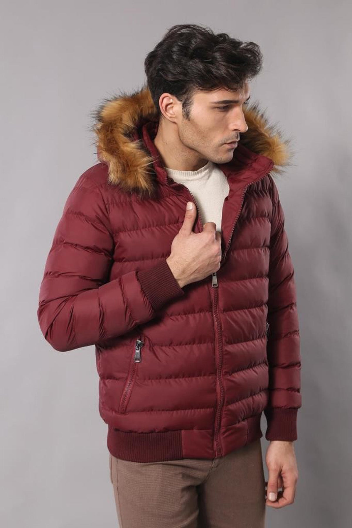 Fur Hooded Burgundy Men Down Coat