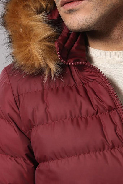 Fur Hooded Burgundy Men Down Coat