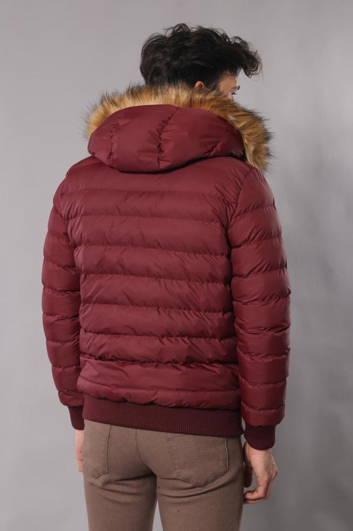 Fur Hooded Burgundy Men Down Coat